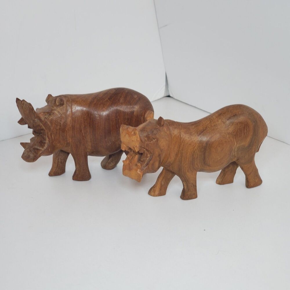 Vintage Hand Carved Wood Kenya Hippopotamus Set Safari Jungle Figures